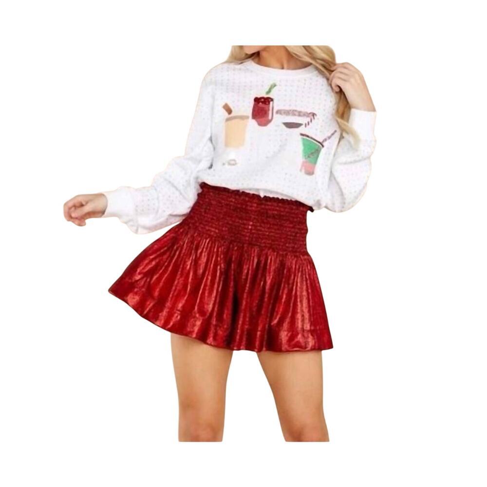 Queen Of Sparkles Wavy Smocked Shorts Red Shiny Metallic Sz Xs
